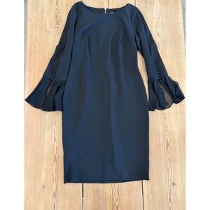 Calvin‎ Klein Black Sheath Dress Size 10 Bell Sleeve Career Cocktail Witchy Goth